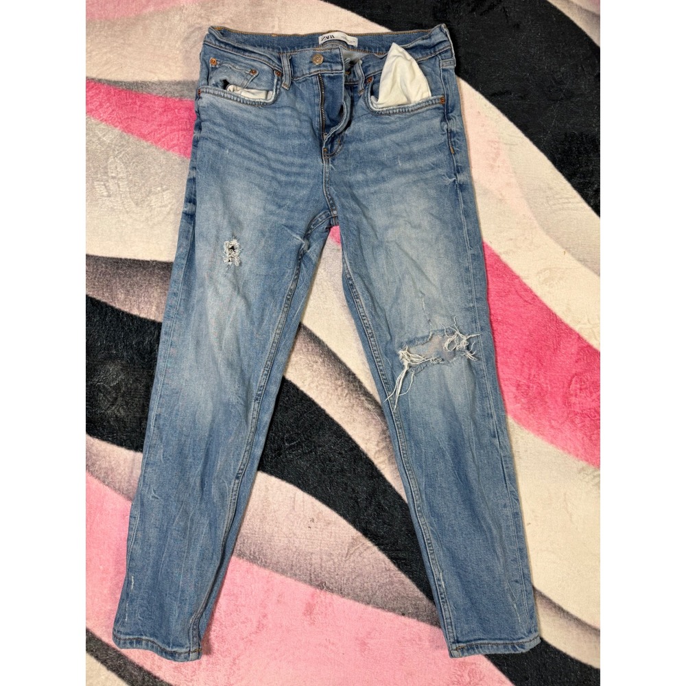 Zara The Slim Boyfriend Jeans Valley Blue Distressed Denim Size 6